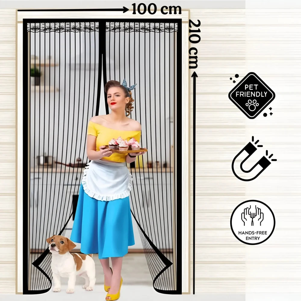 Loovox Auto-closing Magnetic Door Polyester Washable Adults Musquito Net (Black, Frame Hung)