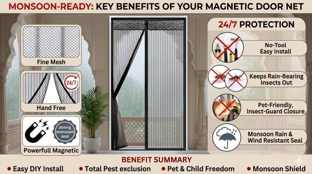 Magnetic mosquito door net protecting home from insects during rainy monsoon season