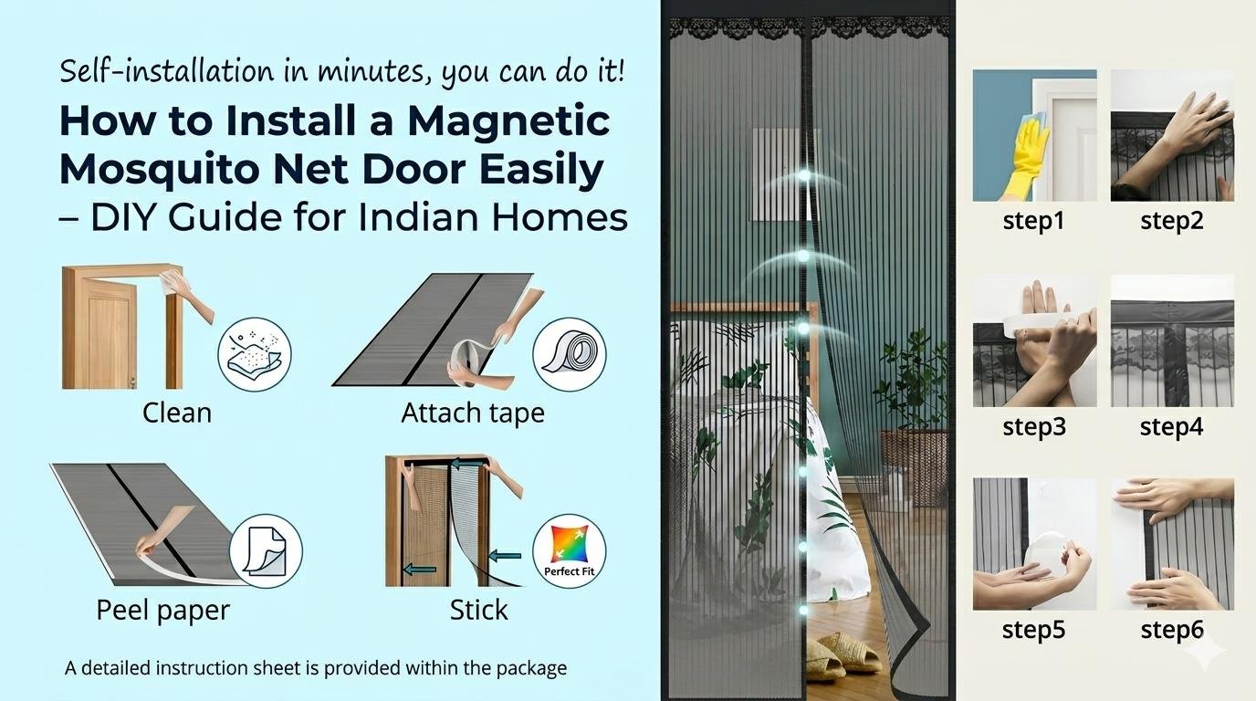DIY installation of a magnetic mosquito net door in a modern Indian home with easy no-drill setup