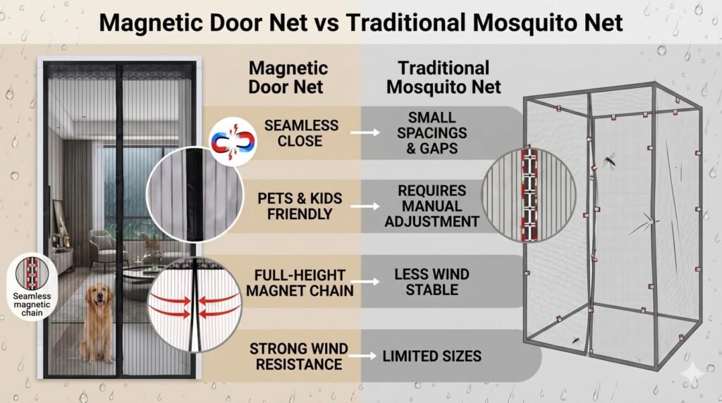 Magnetic mosquito door net protecting home from insects during rainy monsoon season