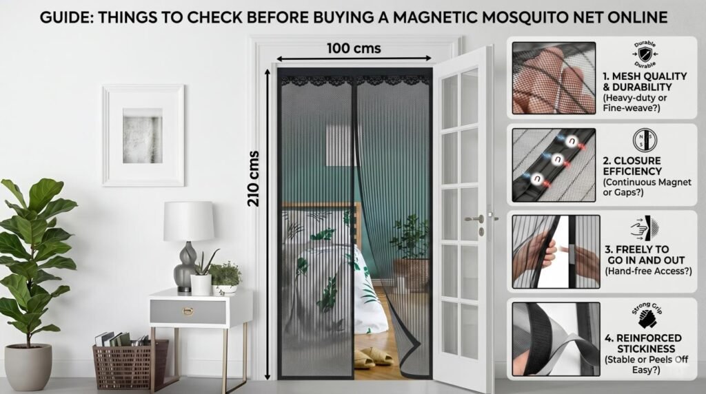 An infographic buying guide for magnetic screen doors showing key checks including mesh durability, magnet count, frame measurement, and adhesive velcro strip quality.