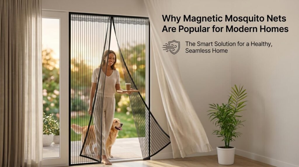 A woman holding a coffee tray effortlessly walks through a hands-free magnetic screen door onto a sunny balcony, with a golden retriever following her through the self-closing mesh.