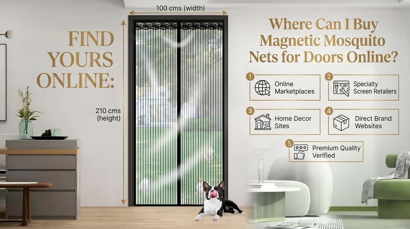 A split-screen graphic showcasing various e-commerce platforms, delivery packages, and a high-quality magnetic screen door installed on a modern home entrance.