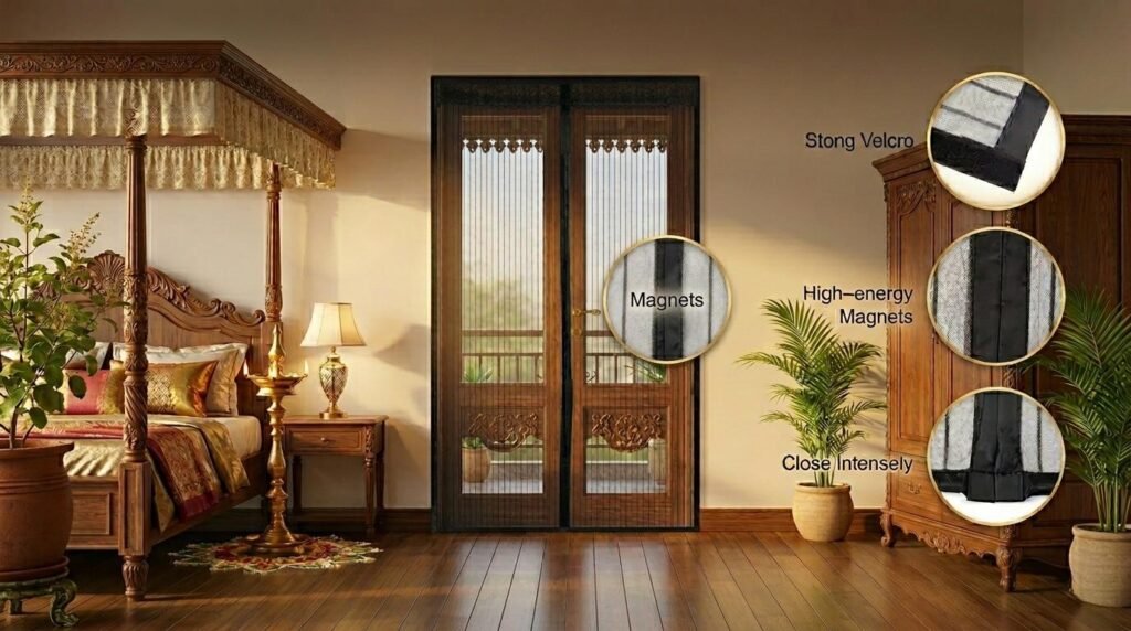 Loovox magnetic mosquito net installed on a balcony door in a modern Indian household