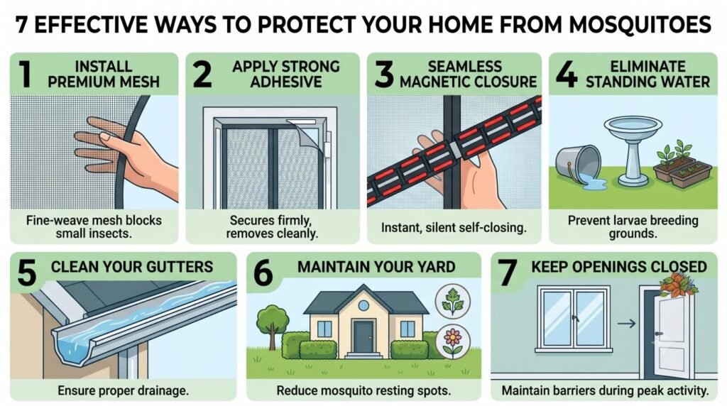 Home mosquito prevention methods including magnetic door nets, window screens, and eliminating stagnant water