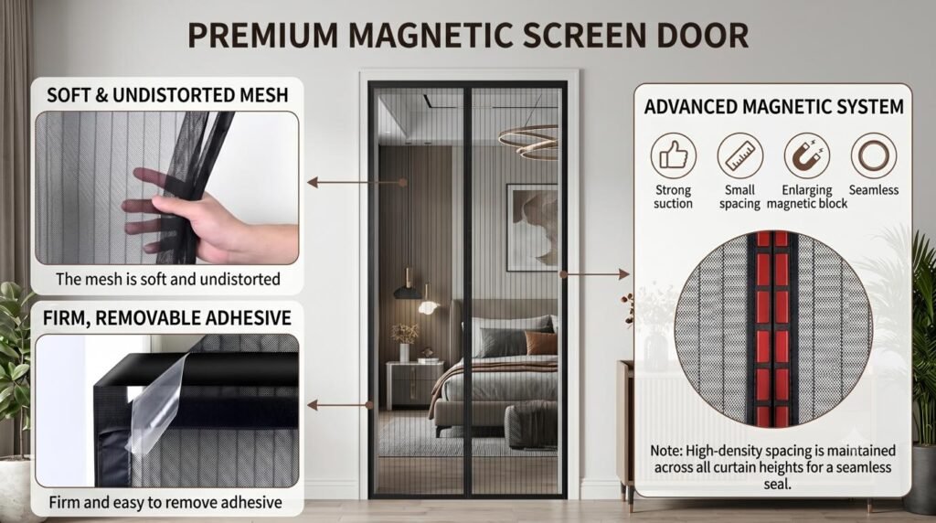 Durable magnetic door net installed in a modern home providing long-term mosquito and insect protection