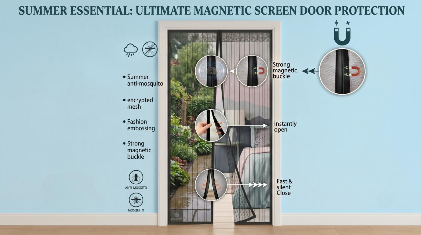 Family protecting their home from mosquitoes before the rainy season with magnetic mosquito net doors