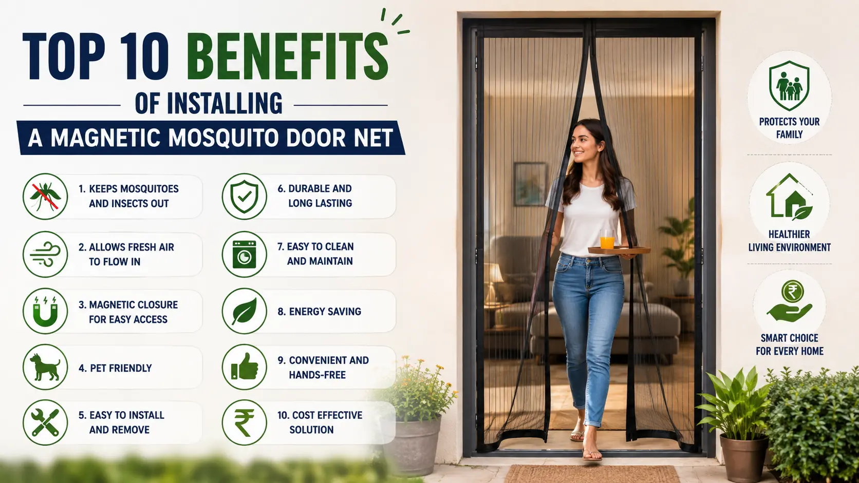Magnetic mosquito door net on a home entrance blocking insects while allowing fresh air