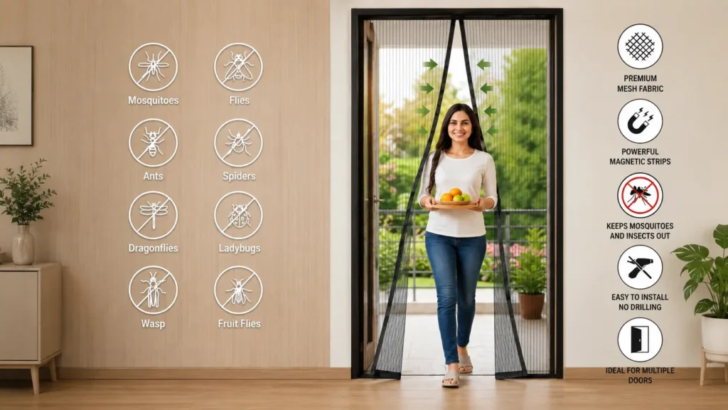 Magnetic mosquito door net with automatic closure for insect-free home entry