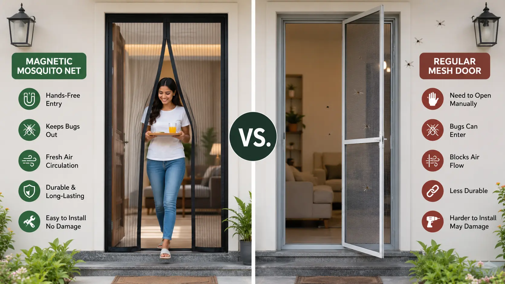Magnetic mosquito net vs. regular mesh door for easy insect protection