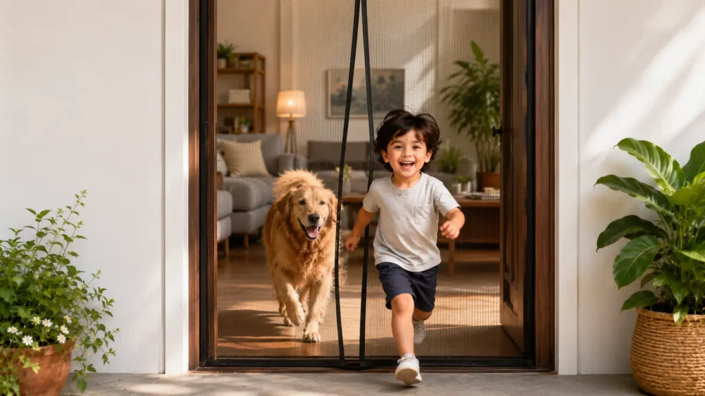Child and pet passing through a self-closing magnetic mosquito net