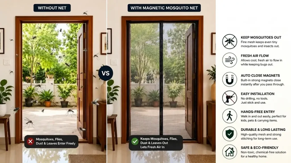 Magnetic mosquito door net with self-closing mesh for insect protection