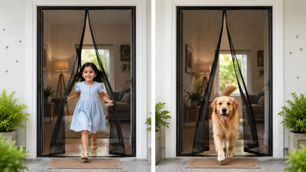 Do magnetic mosquito nets really work? Durable magnetic mosquito net installed on a home entrance