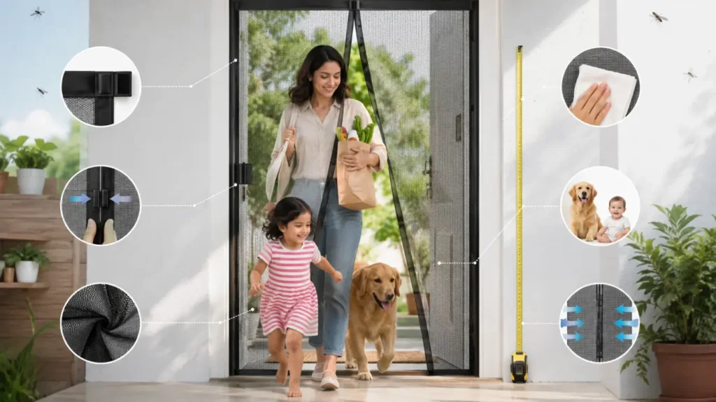 Magnetic mosquito net for home doors with durable mesh, strong magnets, and easy hands-free entry